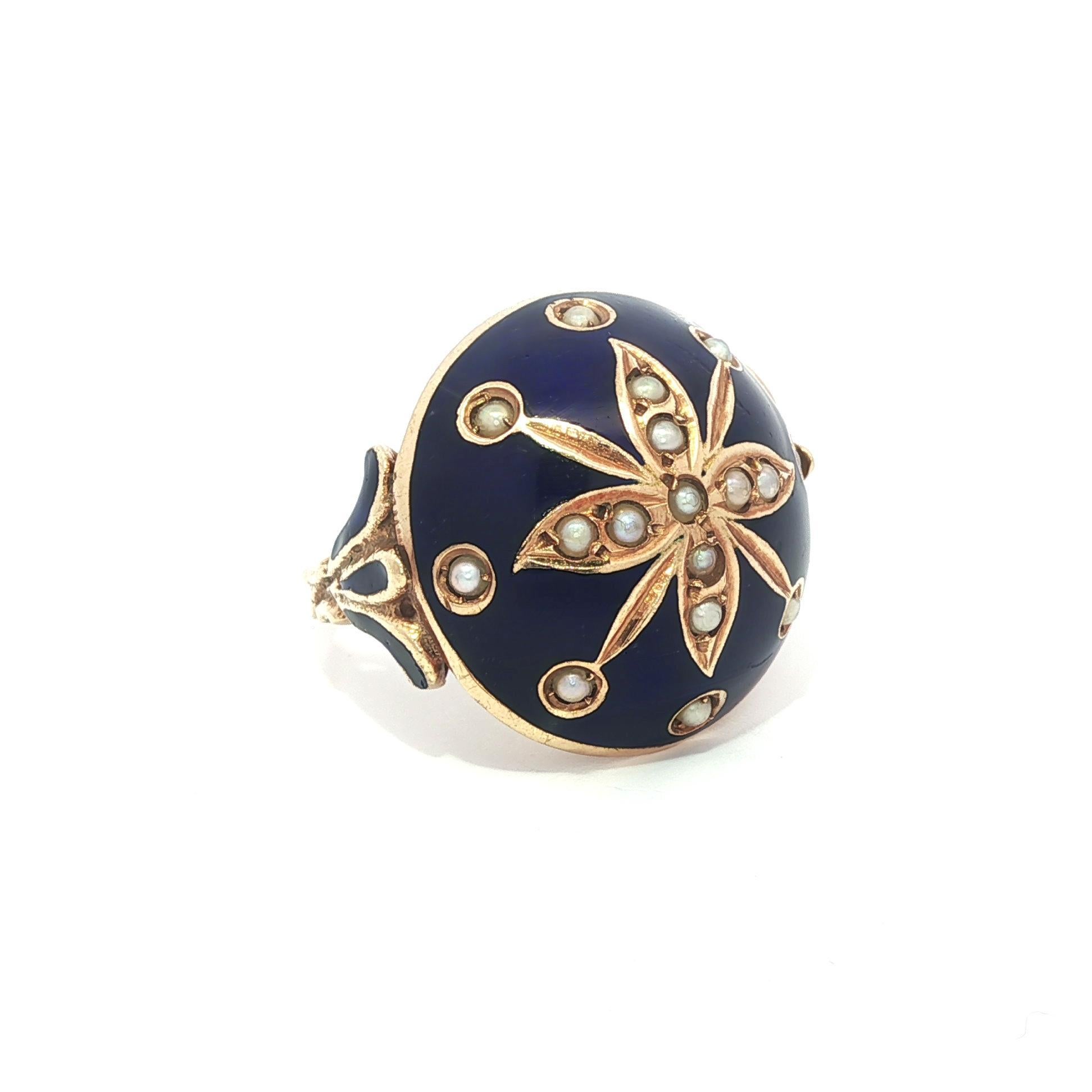 Vintage Yellow Gold Blue Enamel 
Seed Pearl Floral Round Domed Platter Ring For Sale