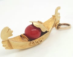 Vintage Yellow Gold Boat Pendant with Red Chalcedony Bead