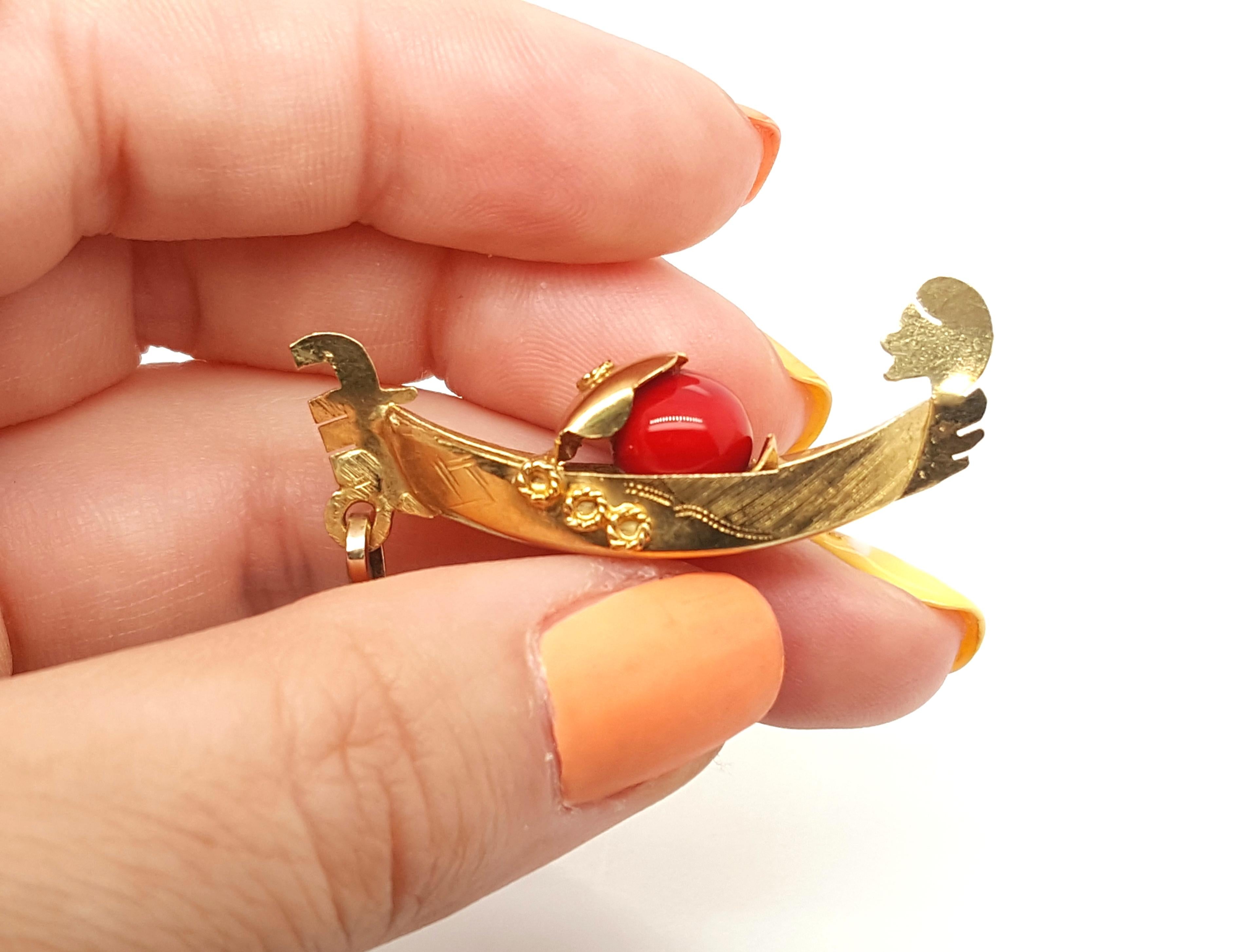 Retro Vintage Yellow Gold Boat Pendant with Red Chalcedony Bead For Sale