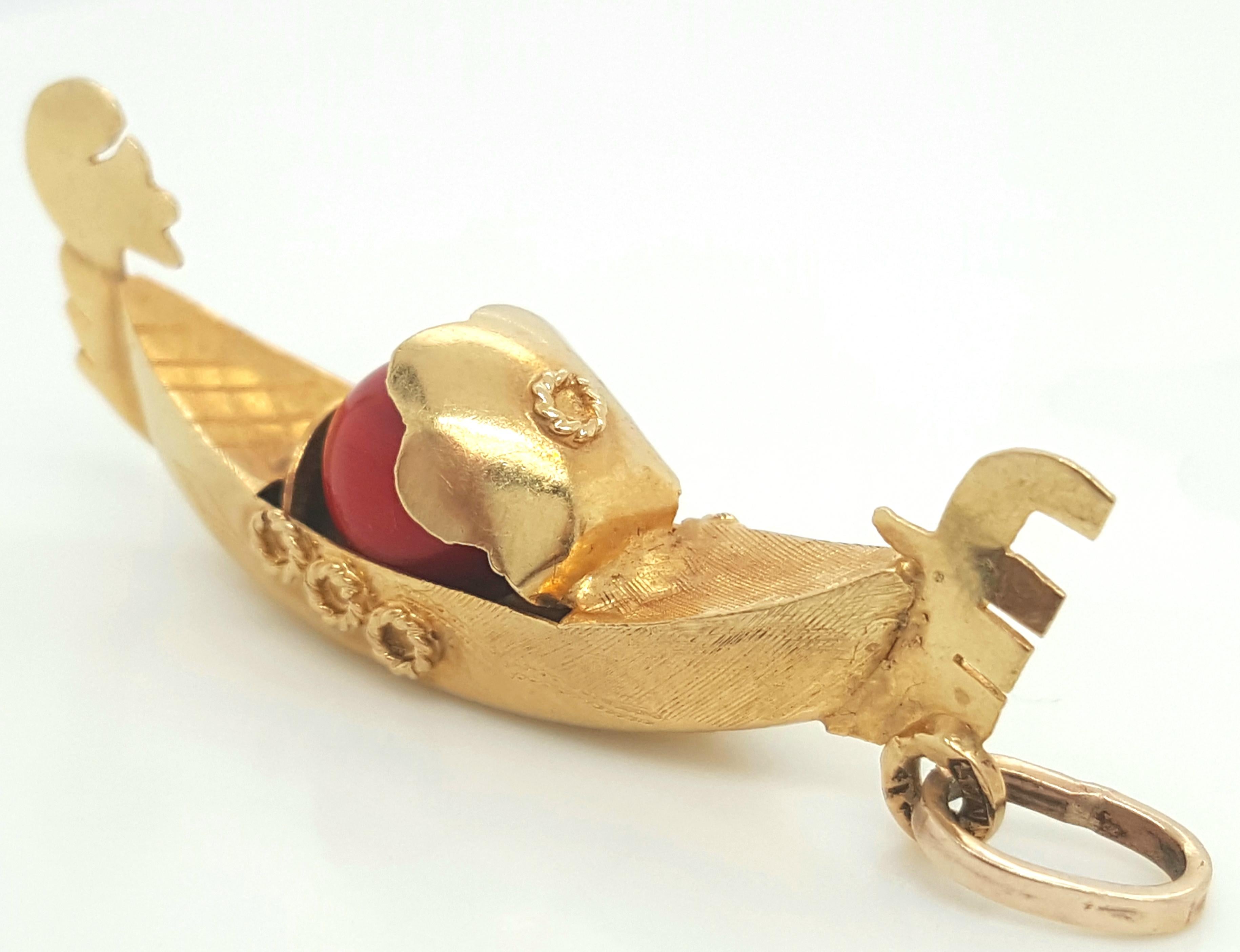 Vintage Yellow Gold Boat Pendant with Red Chalcedony Bead For Sale 3