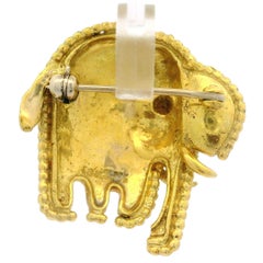 Vintage Yellow Gold Bright Green Enamel Work Whimsical Elephant Pin Brooch