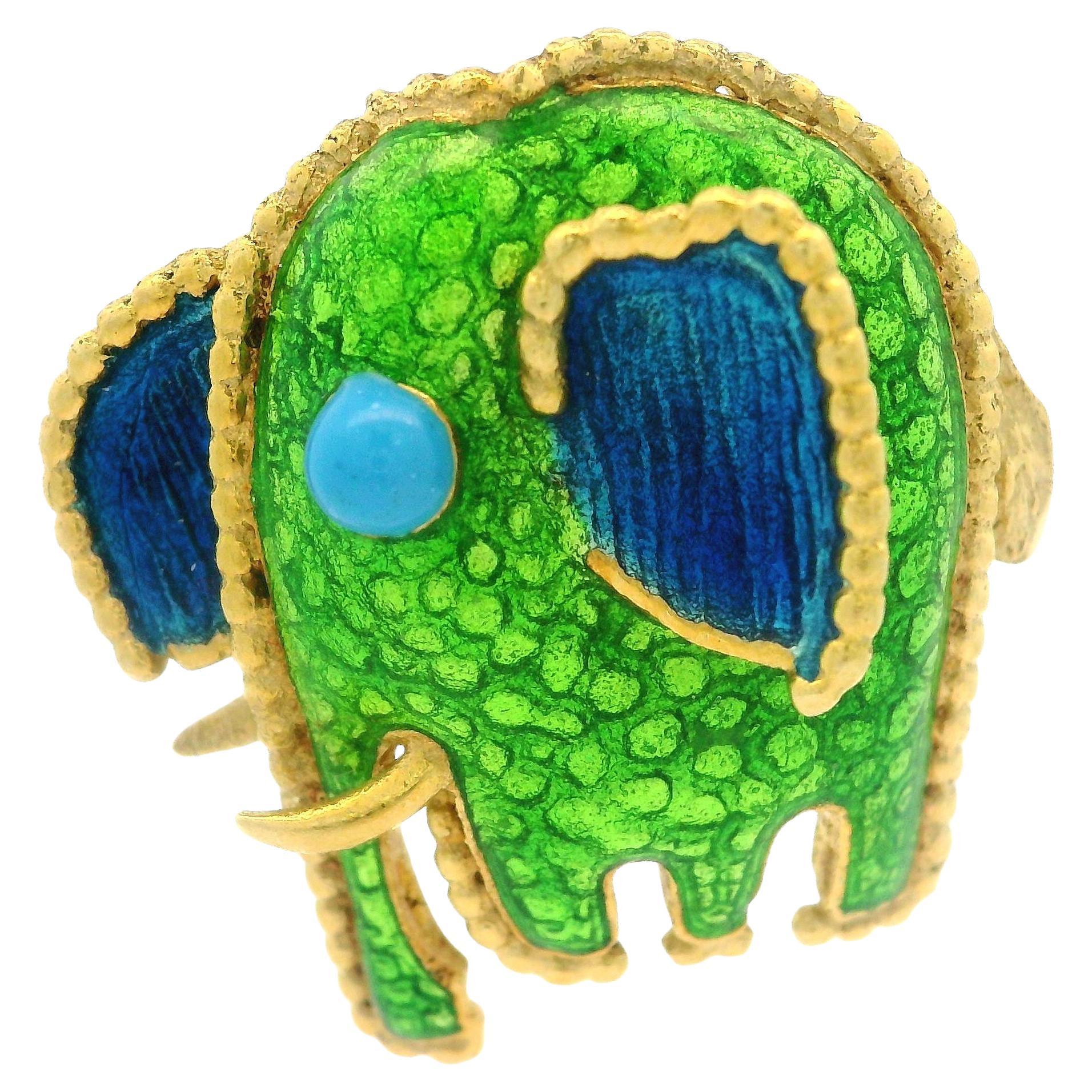 Vintage Gelbgold Hellgrün Emaille Arbeit skurrilen Elefanten Pin Brosche