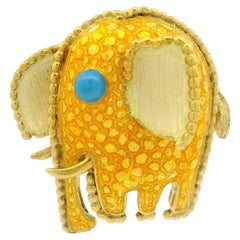 Vintage Yellow Gold Bright Yellow Enamel Work Whimsical Elephant Pin Brooch