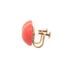 Vintage Yellow Gold Button Reddish Orange Coral Screw On Back Earrings