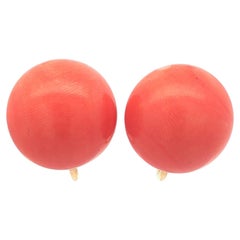 Vintage Yellow Gold Button Reddish Orange Coral Screw On Back Earrings
