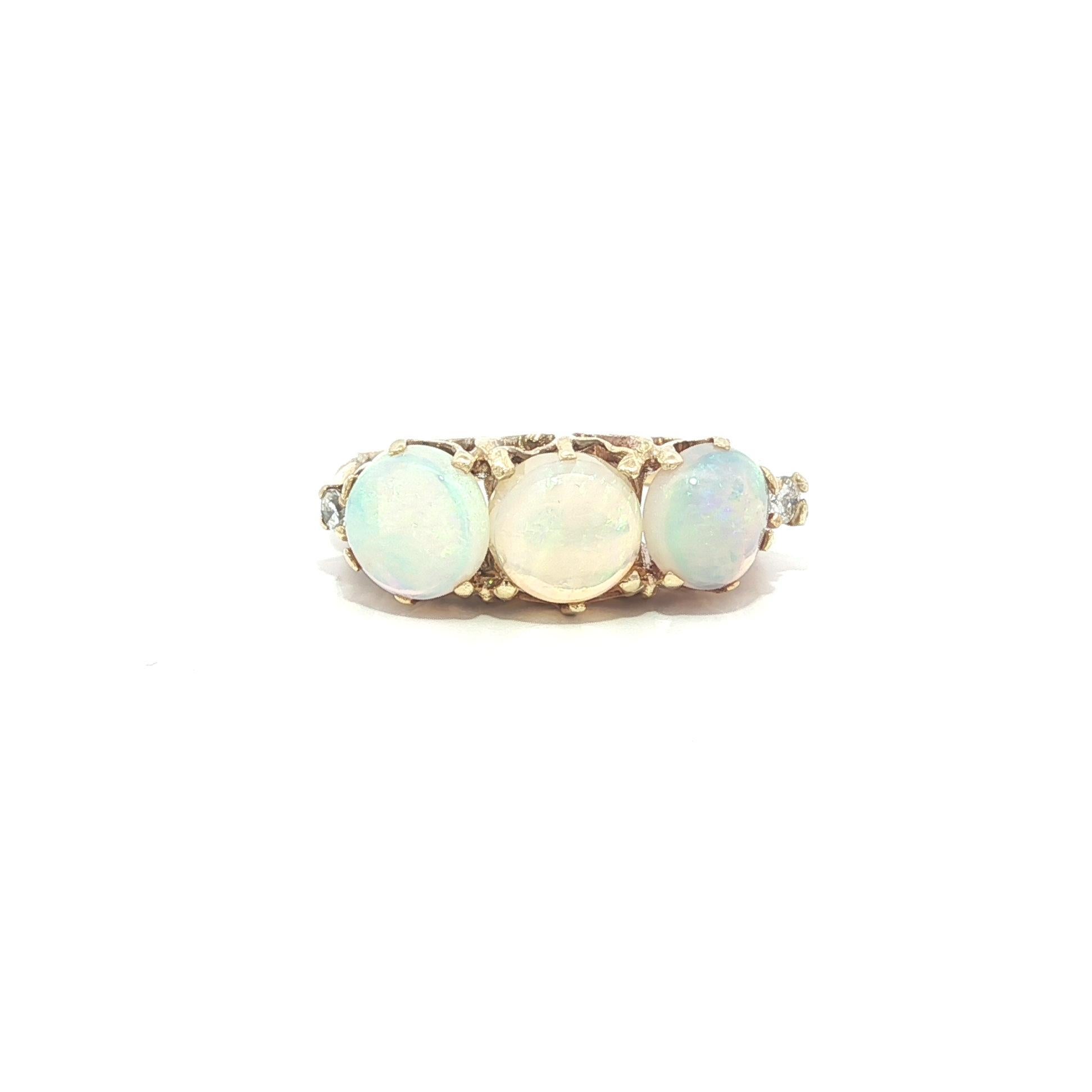 Vintage Yellow Gold Cabochon Opal
Diamond Open Work Band Ring