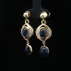 Vintage Yellow Gold Cabochon Oval Sapphire Round Diamond Dangle Drop Earring