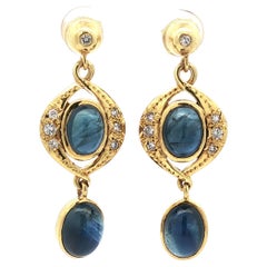 Vintage Yellow Gold Cabochon Oval Sapphire Round Diamond Dangle Dangle Earring