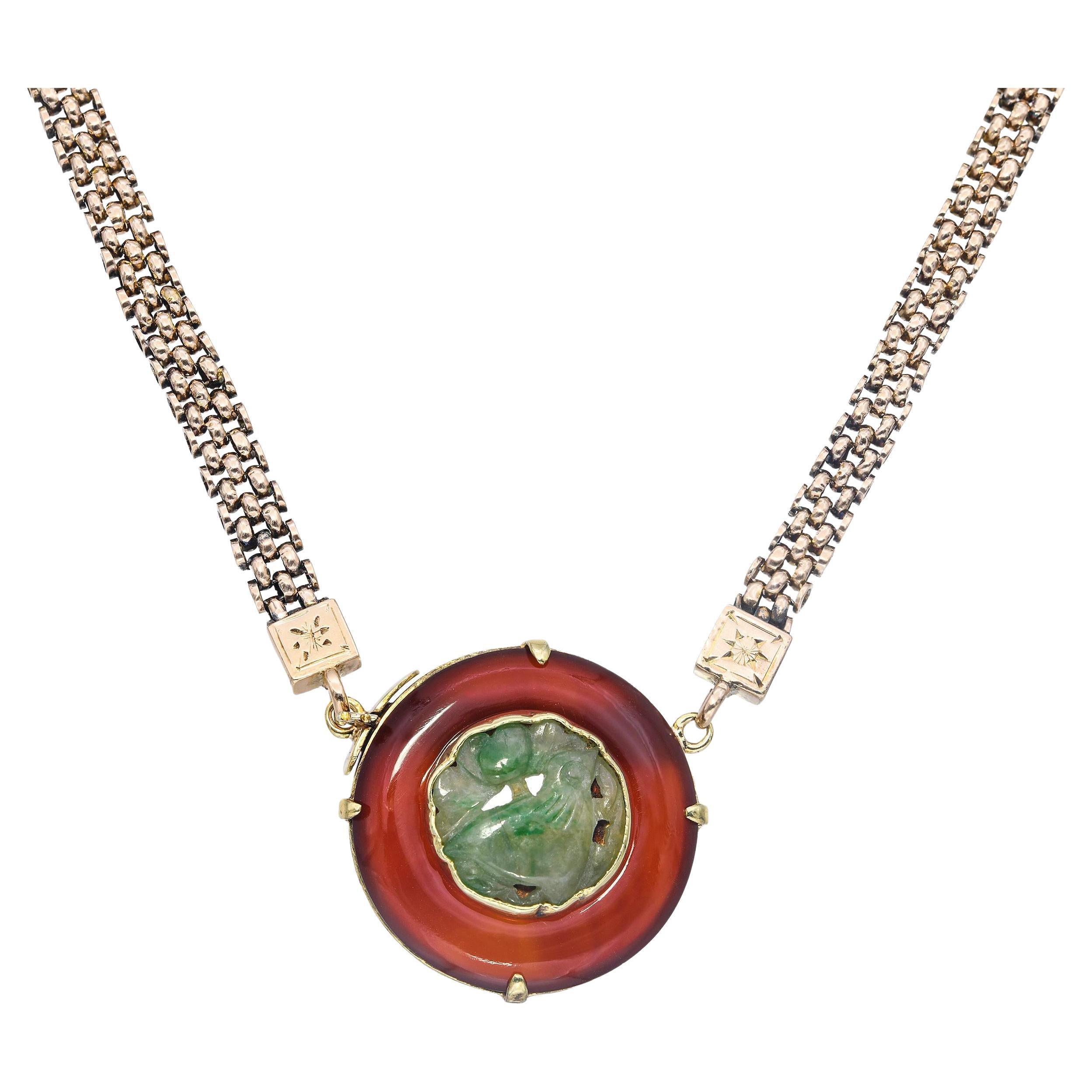 Vintage Yellow Gold Carnelian and Carved Jade Pendant Necklace