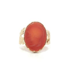 Vintage Yellow Gold Carved Intaglio Carnelian Trojan Low Profile Ring
