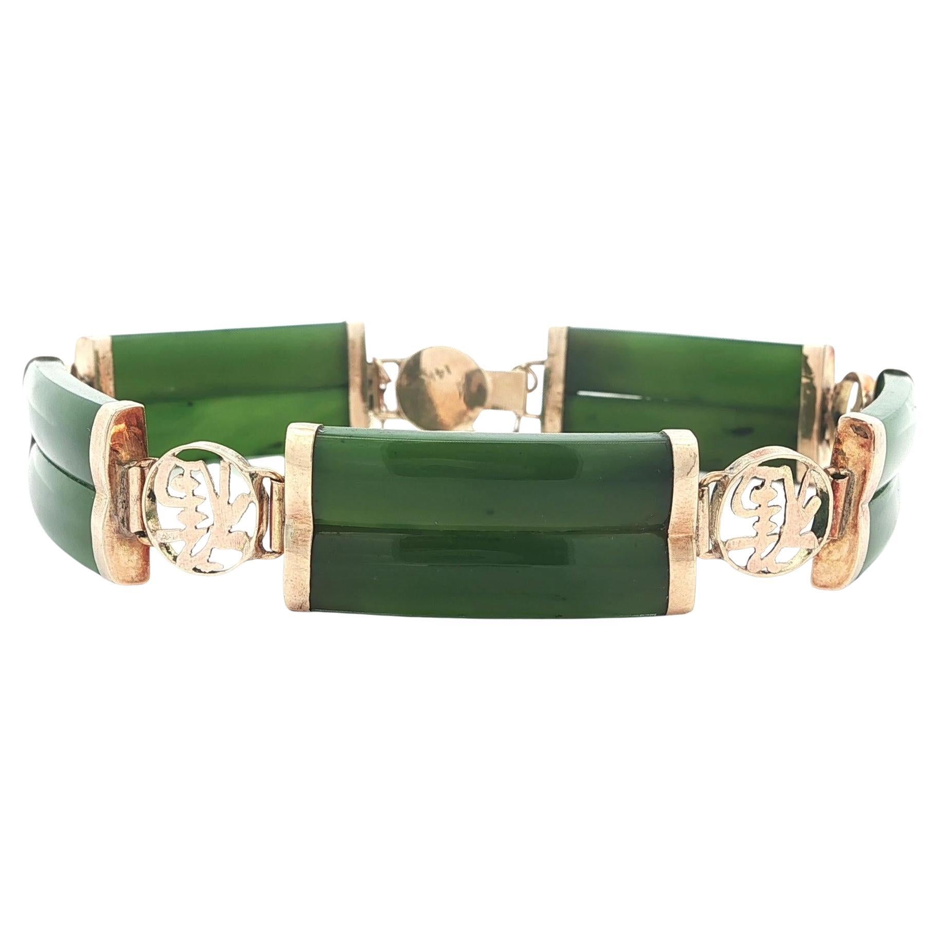 Vintage Yellow Gold Carved Jade Alternated w/ Chinese Symbol Link Bracelet