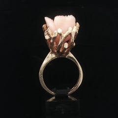 Vintage Yellow Gold Carved Rose Flower Angel Skin Coral High Profile Ring