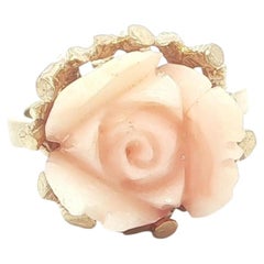Vintage Yellow Gold Carved Rose Flower Angel Skin Coral High Profile Ring