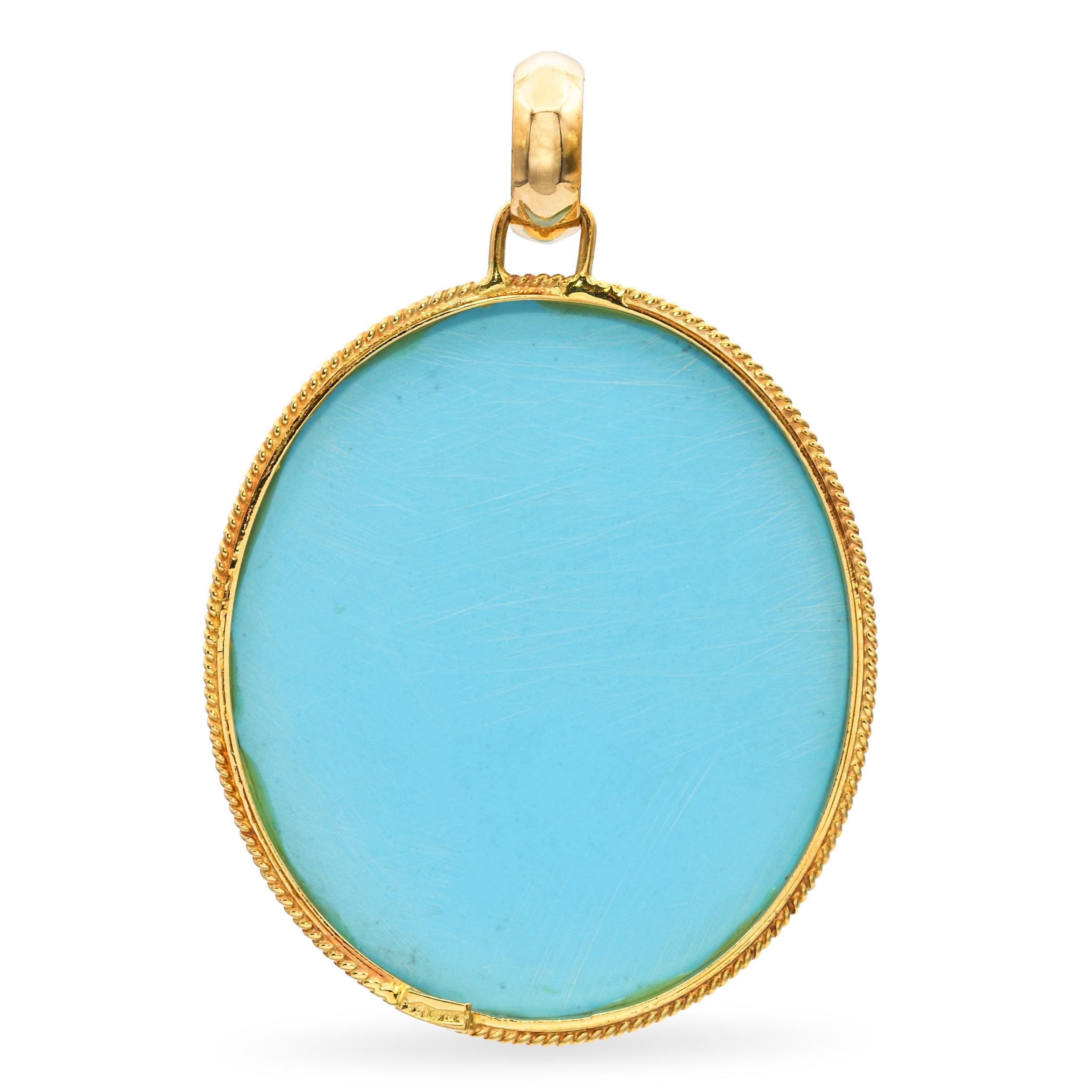 Pendentif vintage en or jaune Roses sculptées Turquoise poudrée et Mabe Peal Pour femmes en vente