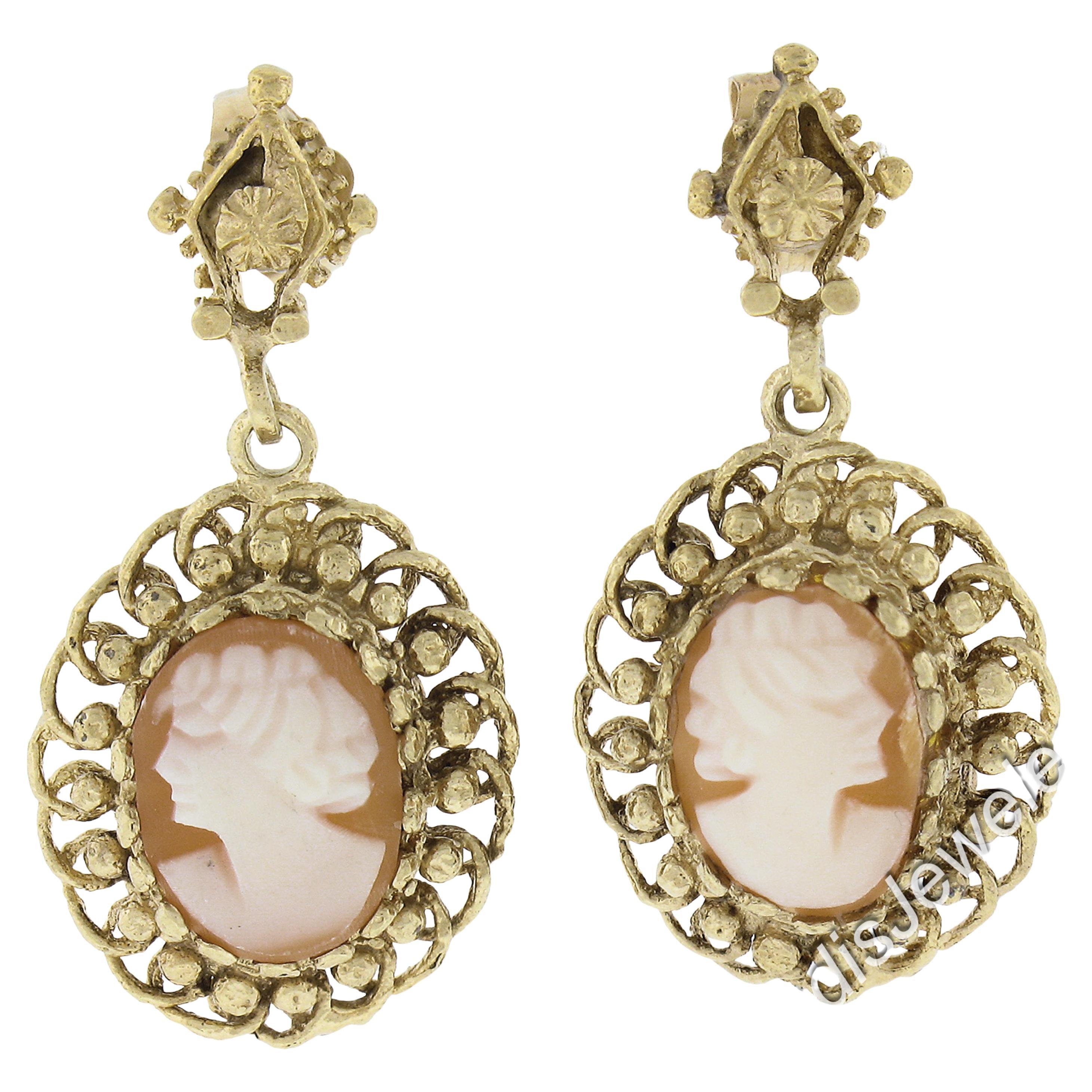Vintage Gelbgold geschnitzt Shell Cameo W / Twisted Wire Frame Dangle Ohrringe im Angebot