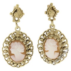 Vintage Yellow Gold Carved Shell Cameo W/ Twisted Wire Frame Dangle Earrings