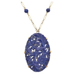 Vintage Yellow Gold Carved Sodalite Floral Motif Necklace