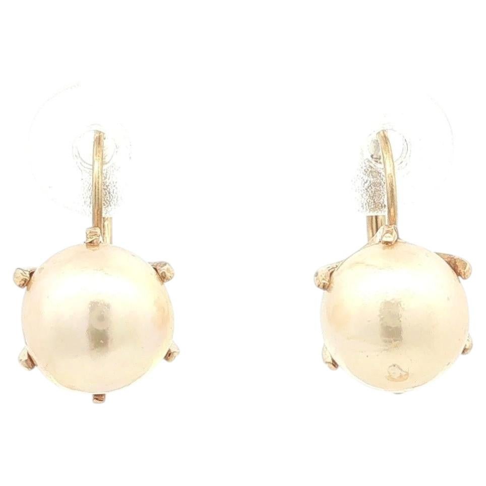Vintage Yellow Gold Claw Prong 8.2mm Pearl Drop Earrings w/ Lever Back Closures