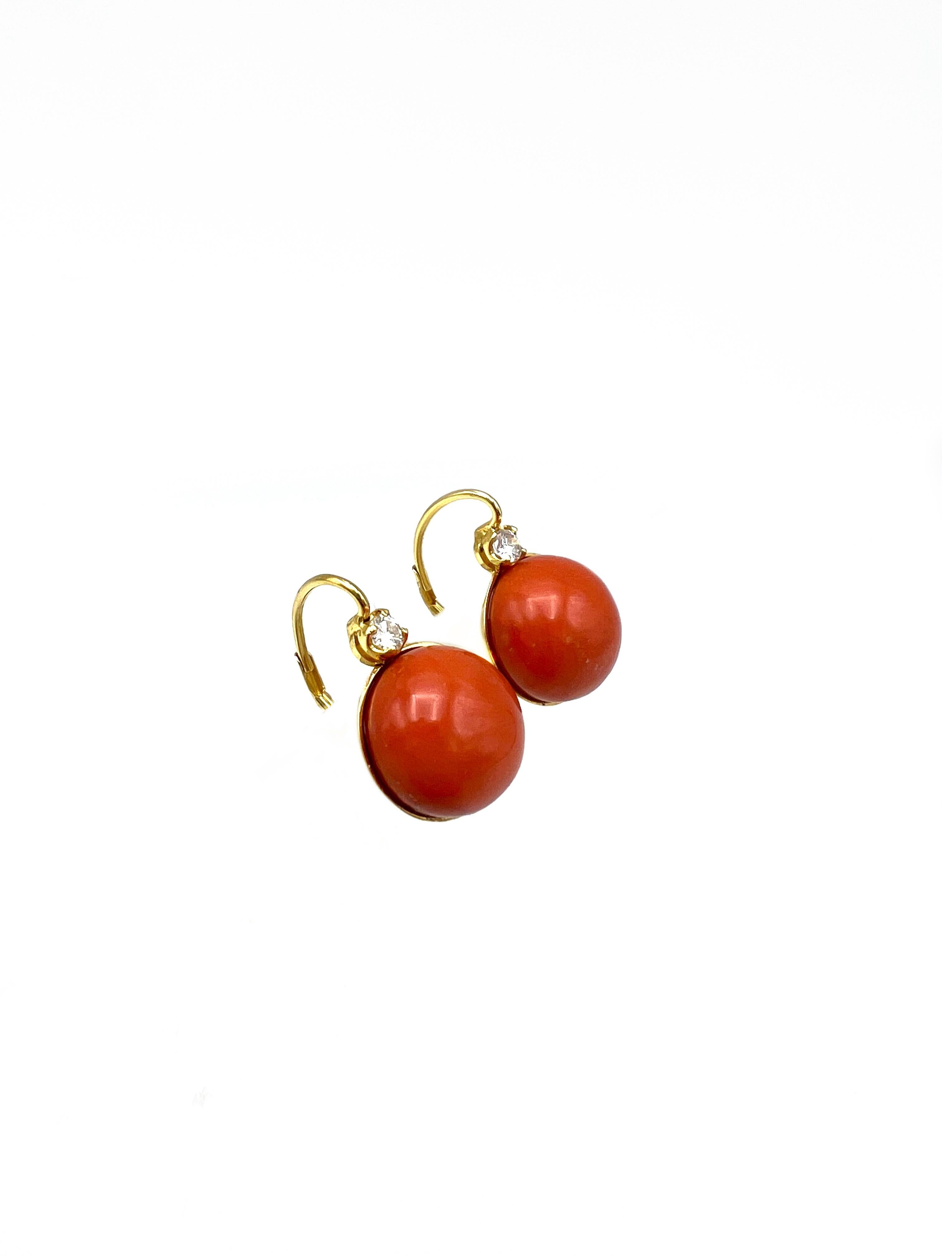 Round Cut Vintage Yellow Gold Coral and Diamond Earrings 
