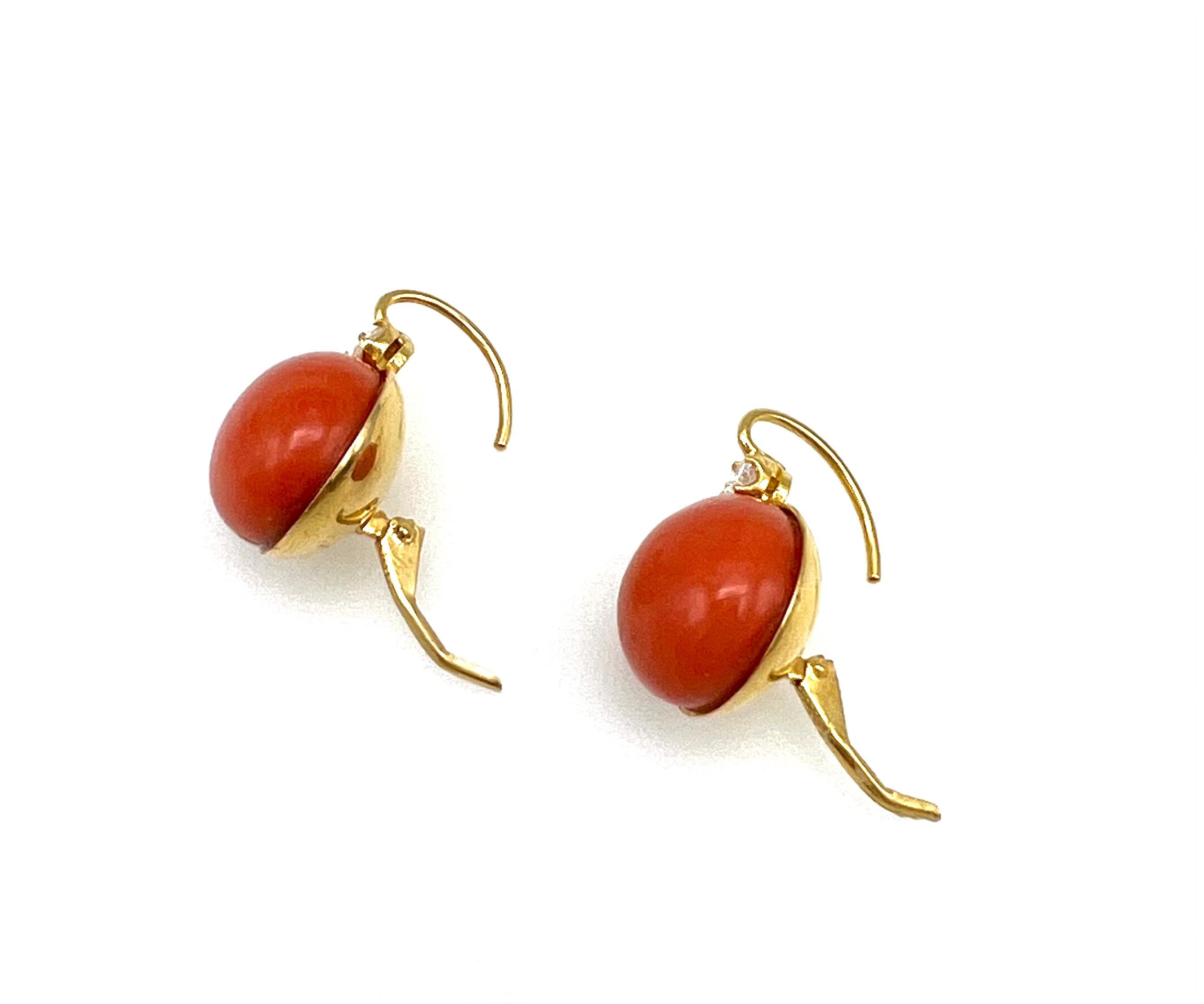 Women's Vintage Yellow Gold Coral and Diamond Earrings 