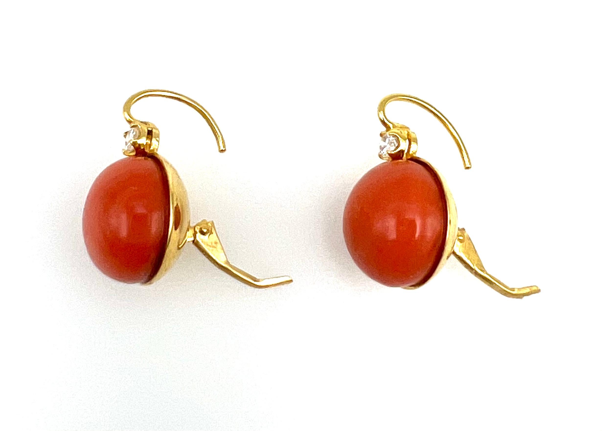 Vintage Yellow Gold Coral and Diamond Earrings  1
