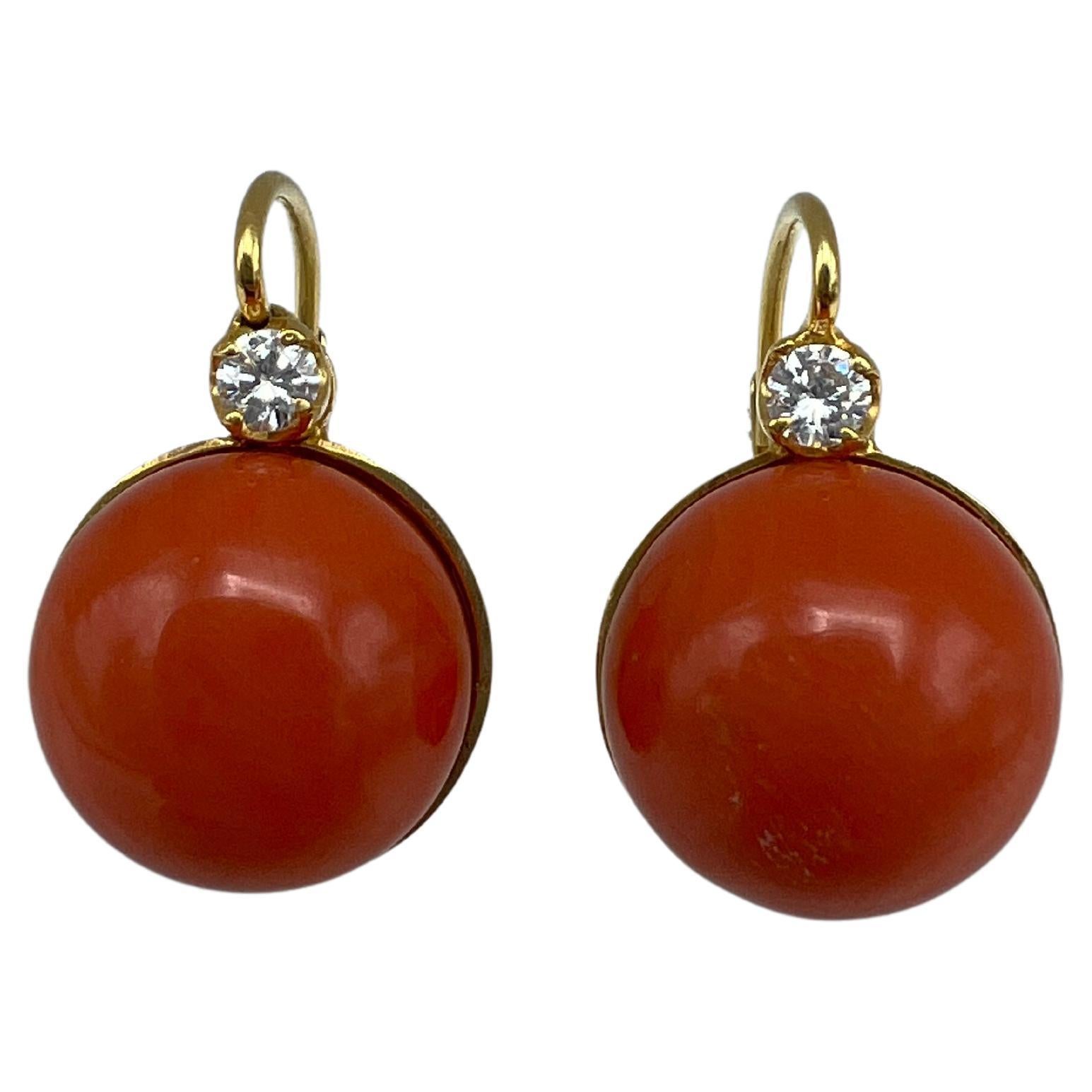 Vintage Yellow Gold Coral and Diamond Earrings 