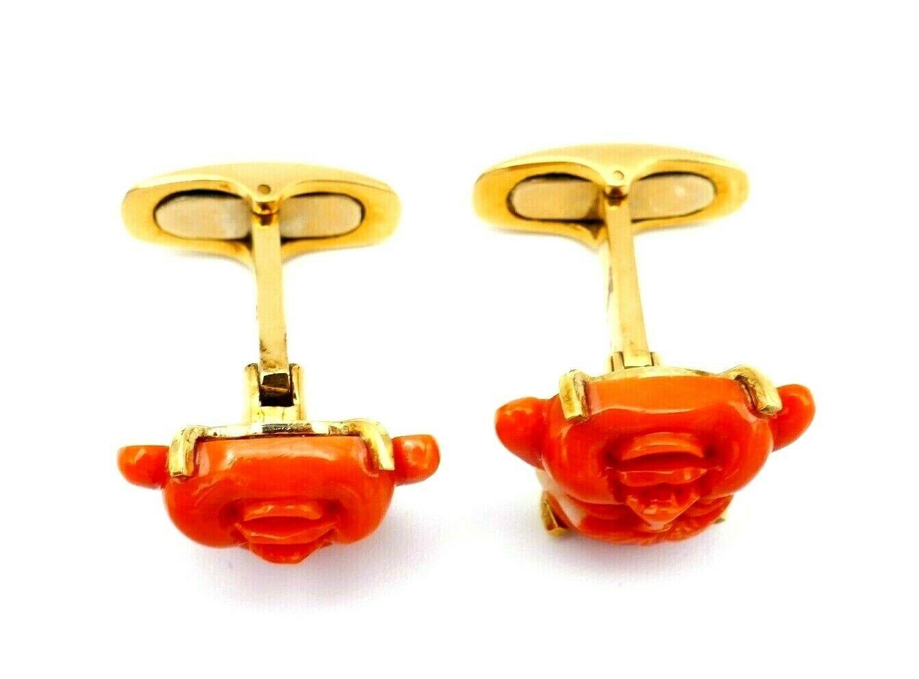 Vintage Yellow Gold Coral Laughing Buddha Cufflinks For Sale 1