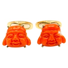 Vintage Yellow Gold Coral Laughing Buddha Cufflinks