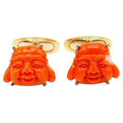Vintage Yellow Gold Coral Laughing Buddha Cufflinks