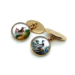 Vintage Yellow Gold Cufflinks with Paintings under Glass, London, 1962