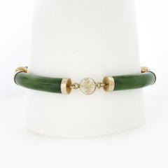 Vintage Yellow Gold Curved Jade w/ Polished Chinese Symbol Link Bracelet