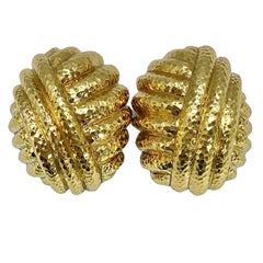 Vintage Yellow Gold David Webb Large Cushion Shaped Hammered Dome Earrings