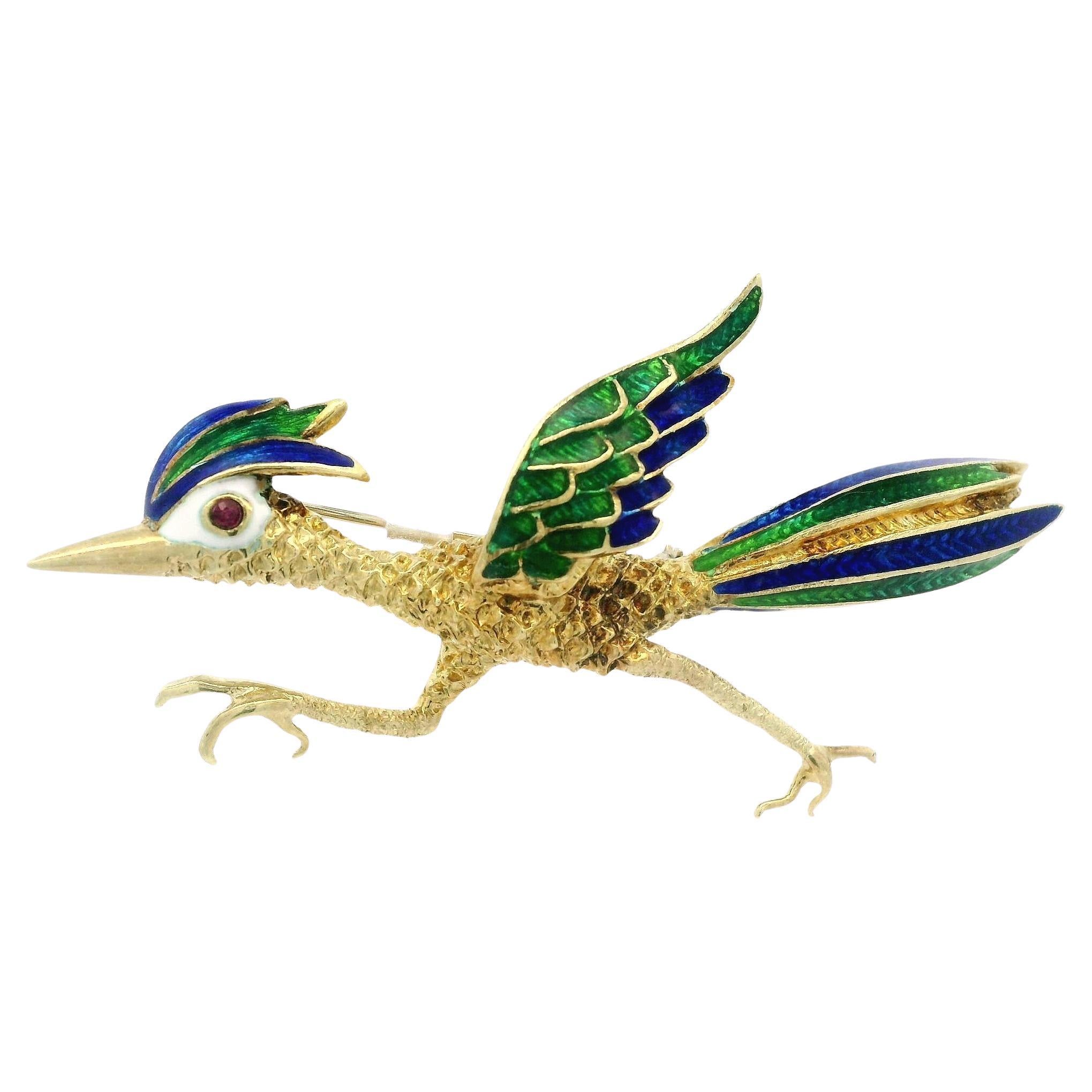 Vintage Gelbgold detaillierte blau 
grün Emaille Roadrunner Brosche w / Rubin Auge