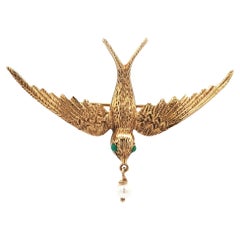 Vintage Gelbgold detaillierte Schwalbe Vogel Türkis Augen & Dangle Perle Brosche