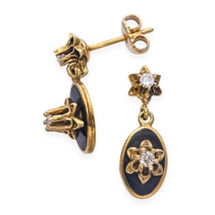 Vintage Yellow Gold Diamond and Enamel Dangle Earrings