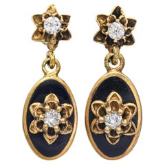 Vintage Yellow Gold Diamond and Enamel Dangle Earrings