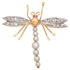 Vintage Yellow Gold Diamond and Pearl Dragonfly Brooch