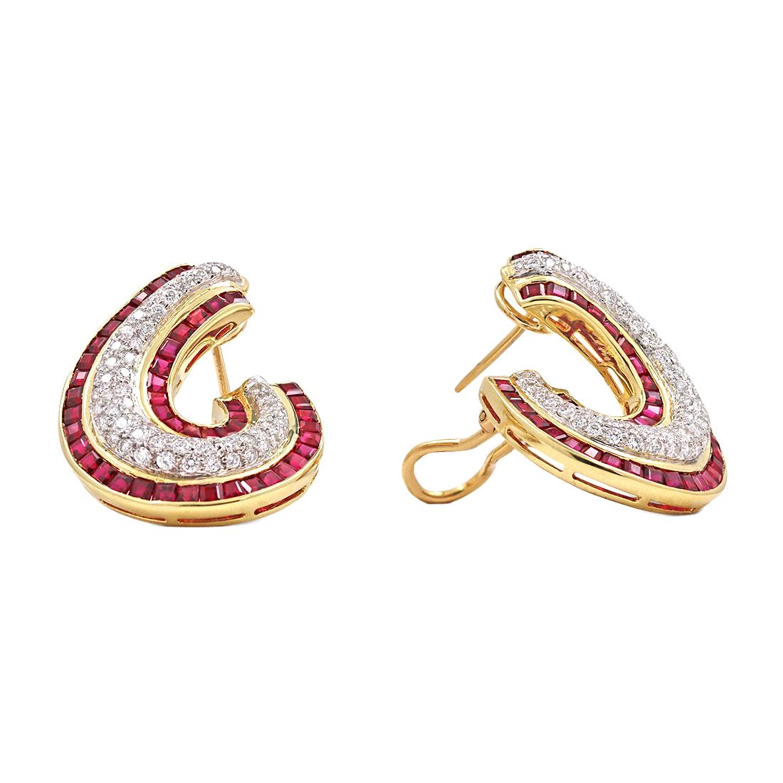Brilliant Cut Vintage Yellow Gold Diamond and Ruby Earrings
