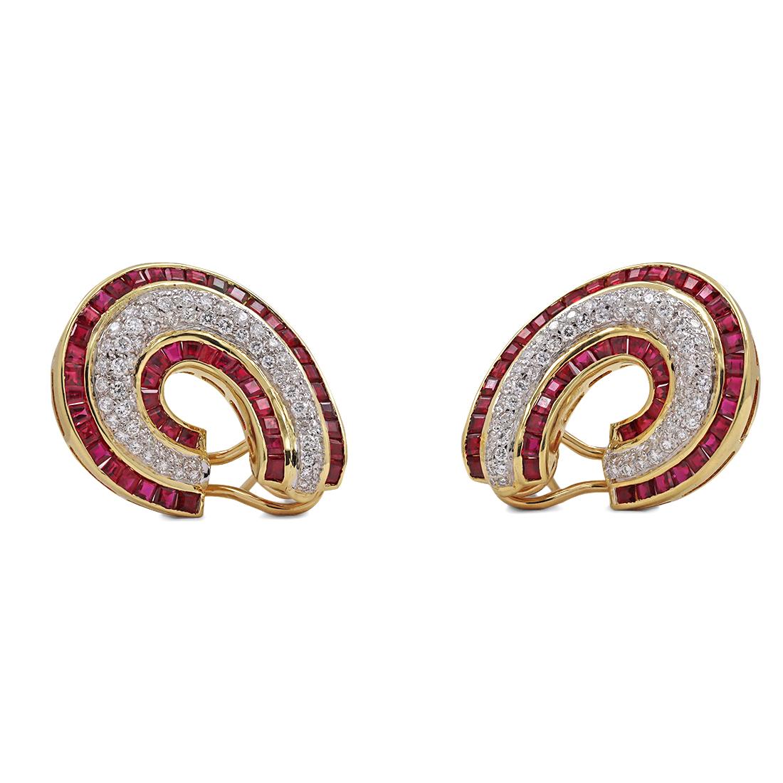 Women's or Men's Vintage Yellow Gold Diamond and Ruby Earrings