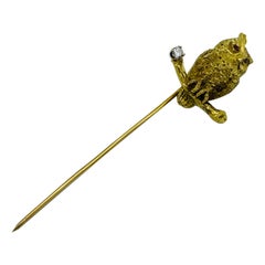 Retro Yellow Gold Diamond and Ruby Owl Stick Pin