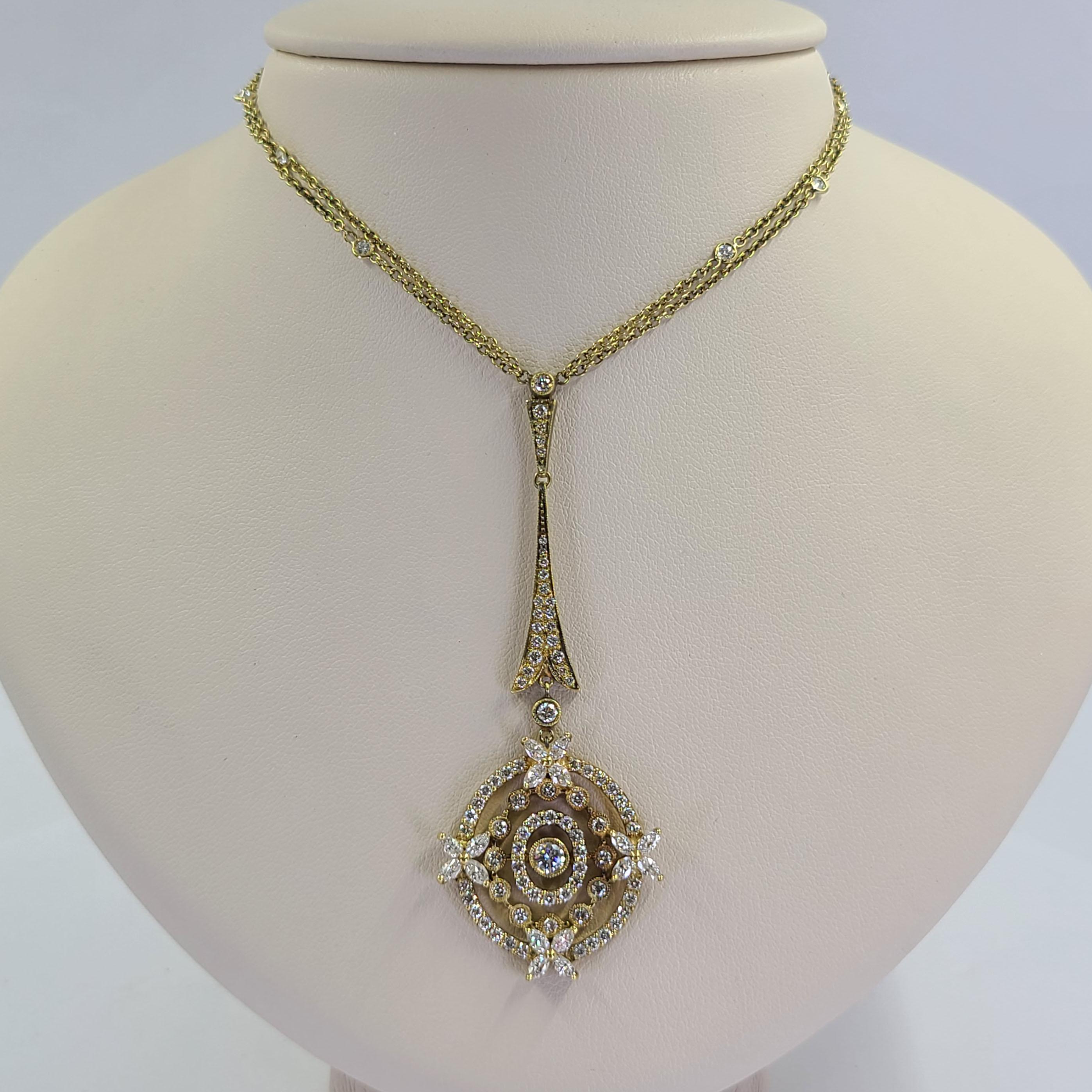 18 Karat Gelbgold Diamant-Tropfen-Halskette mit 105 runden und marquise geschliffenen Diamanten von VS Reinheit und G / H Farbe von insgesamt ca. 2,40 Karat. 16-Zoll-Doppelkette mit 3-Zoll-Anhänger. Das fertige Gewicht beträgt 16,4 Gramm.