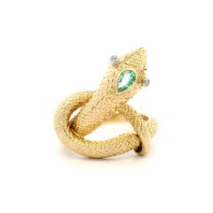 Vintage Yellow Gold Diamond & Emerald Detailed Textured Snake Wrap Coiled Ring