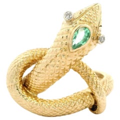 Vintage Yellow Gold Diamond & Emerald Detailed Textured Snake Wrap Coiled Ring