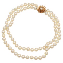 Vintage Yellow Gold Diamond Floral Clasp Double Strand Pearl Necklace