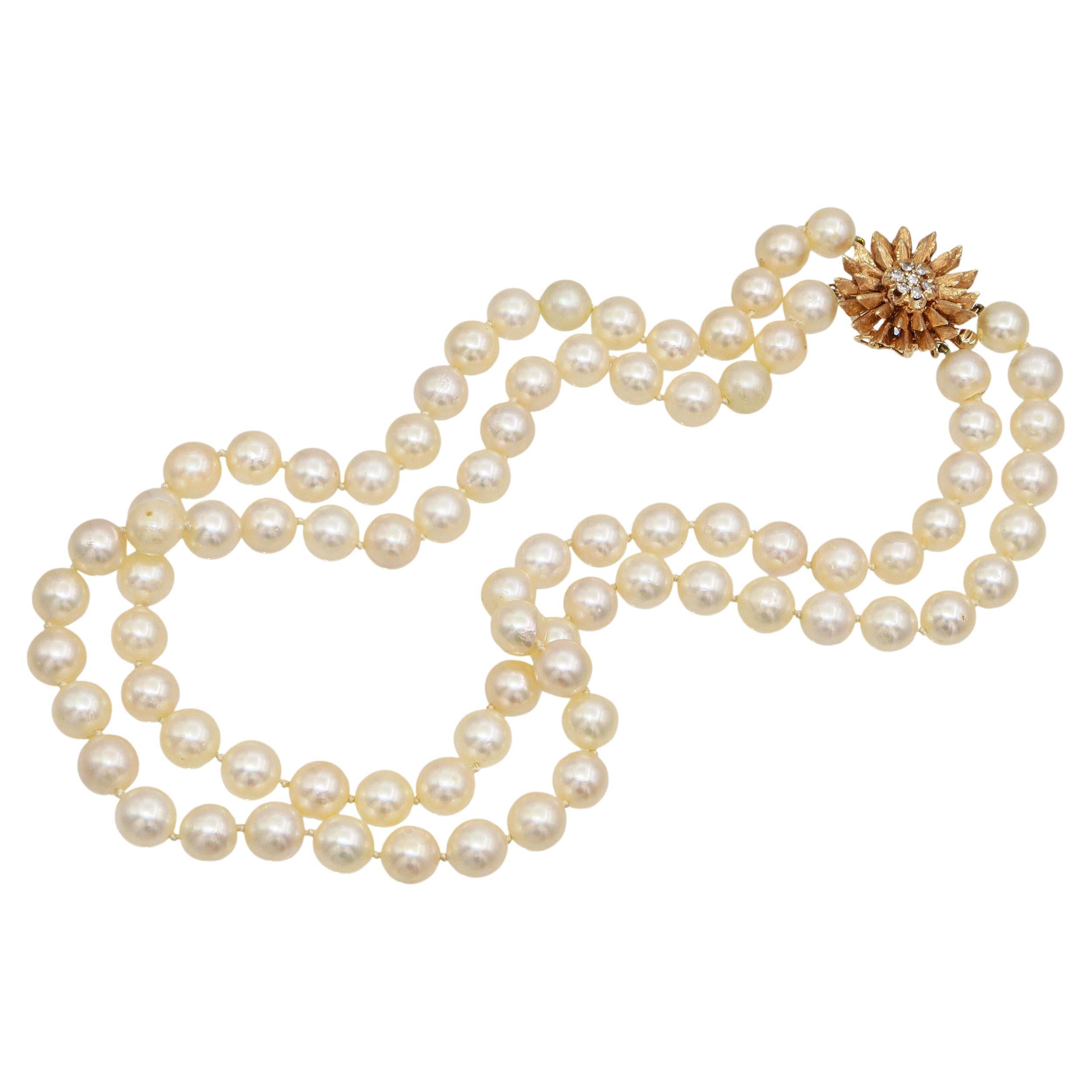 Vintage Yellow Gold Diamond Floral Clasp Double Strand Pearl Necklace For Sale