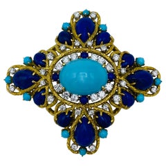 Vintage Yellow gold, Diamond, Lapis and Turquoise Brooch