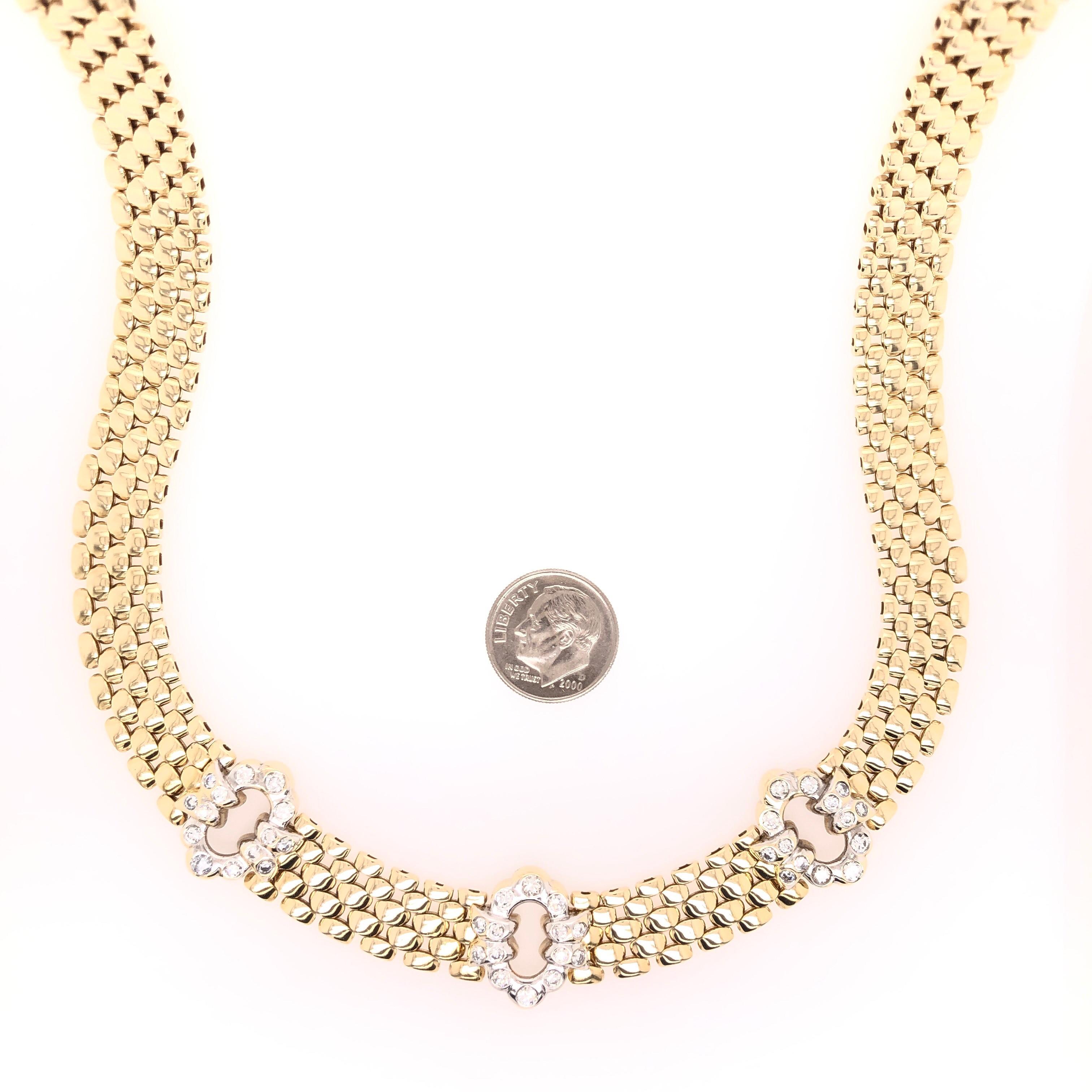 If you love vintage, this necklace is for you! Three flower inspired diamond stations are positioned front and center on a silky 14 karat yellow gold chain. A total estimated weight of 1.43 CTS of round cut diamonds are evenly and symmetrically