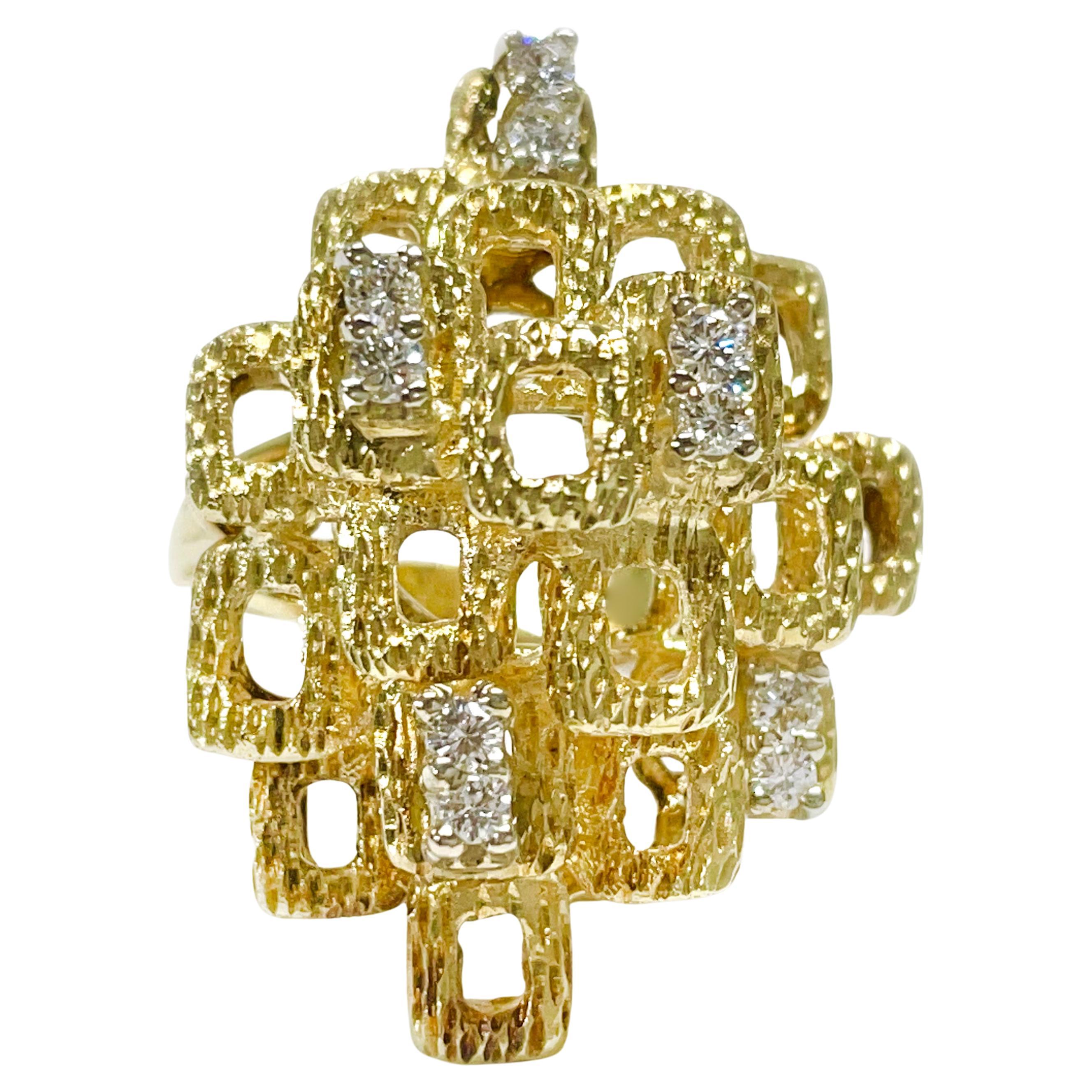 Yellow Textured Gold Diamond Ring, Circa 1980s For Sale