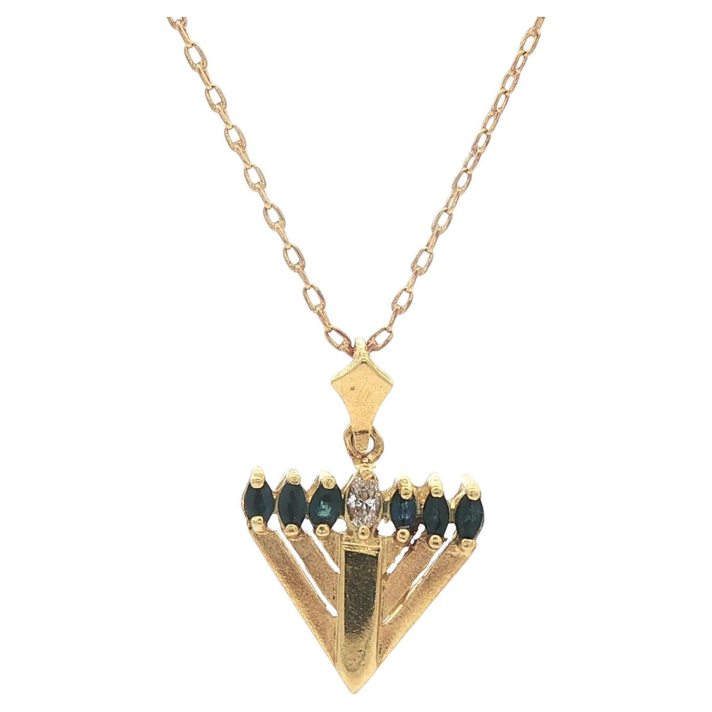 Vintage Yellow Gold Diamond Sapphire Menorah Pendant Cable Chain Necklace For Sale