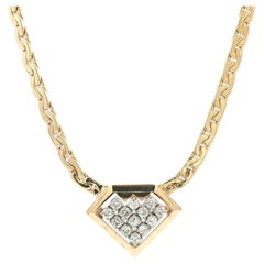 Vintage Yellow Gold Diamond Shape Cluster Pendant on Fancy Link Chain Necklace